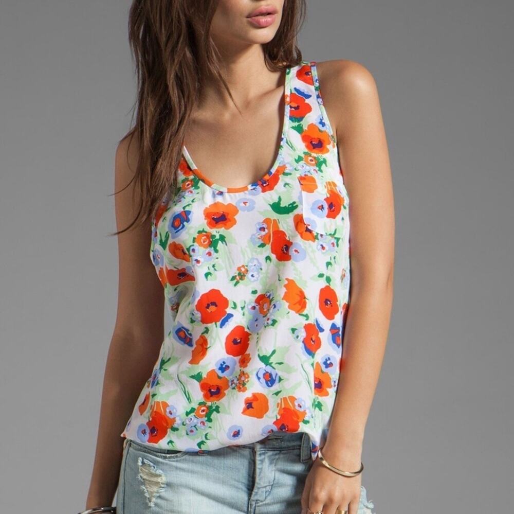 Joie 100% Silk Sleeveless Tank Top Size M Floral Poppy Blouse Scoop Neck Pocket